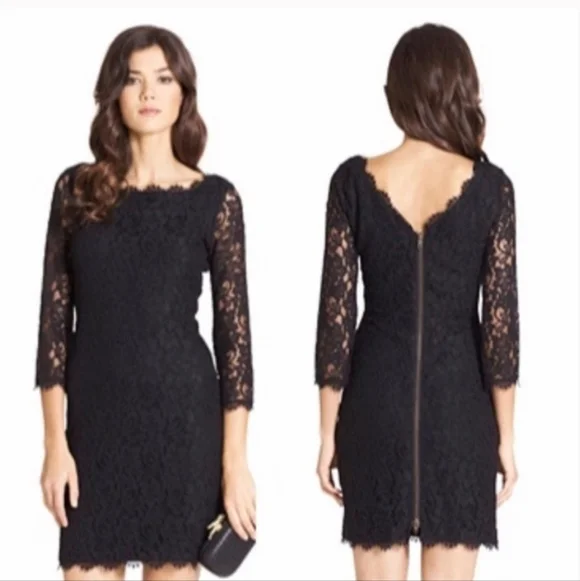 Diane Von Furstenberg Zarita Black Scalloped Lace Scoop Neck Dress - Picture 3 of 11